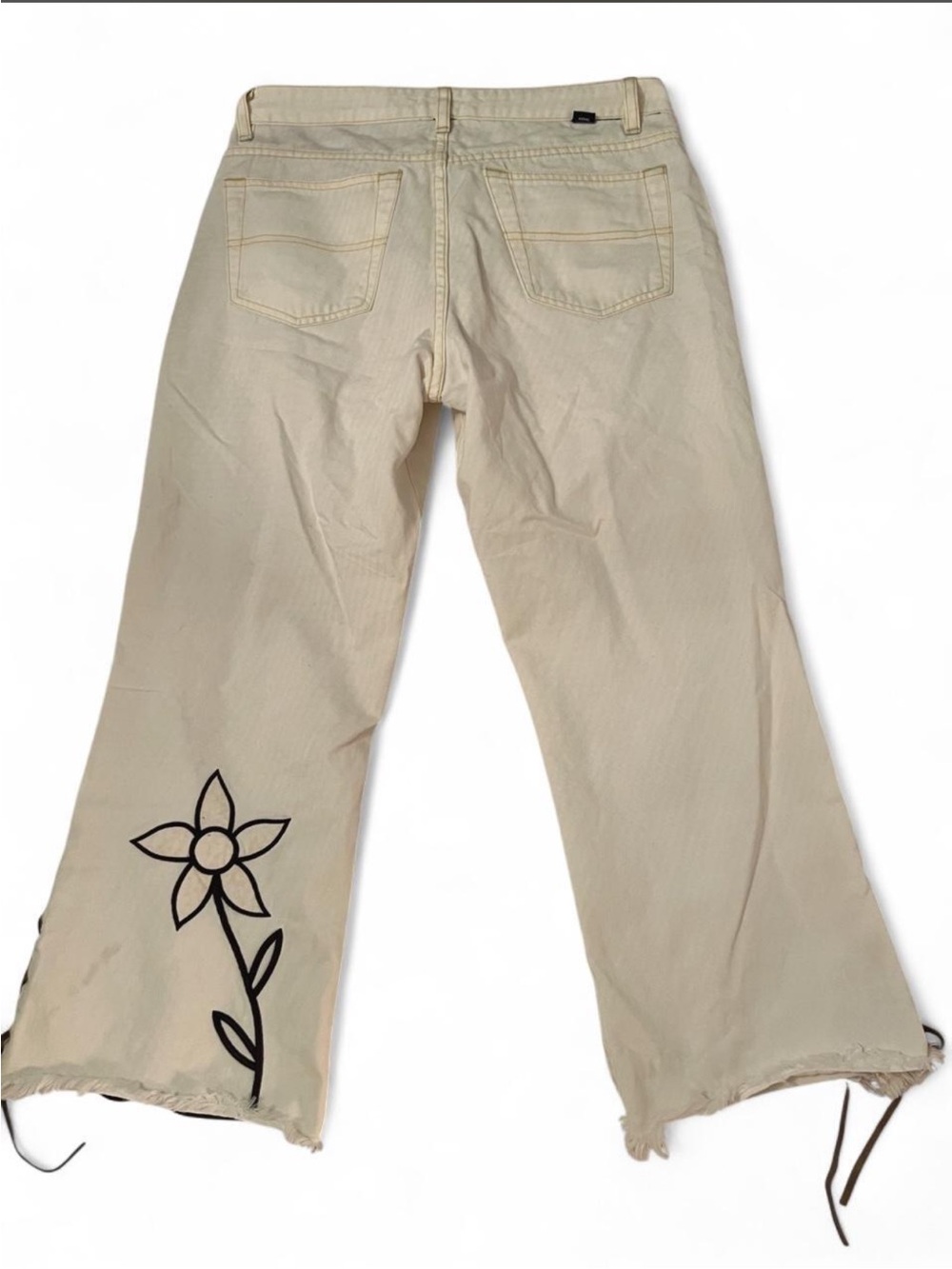 Vintage Tommy Hilfiger Cream Floral Embroidered Wide-Leg Capri Jeans